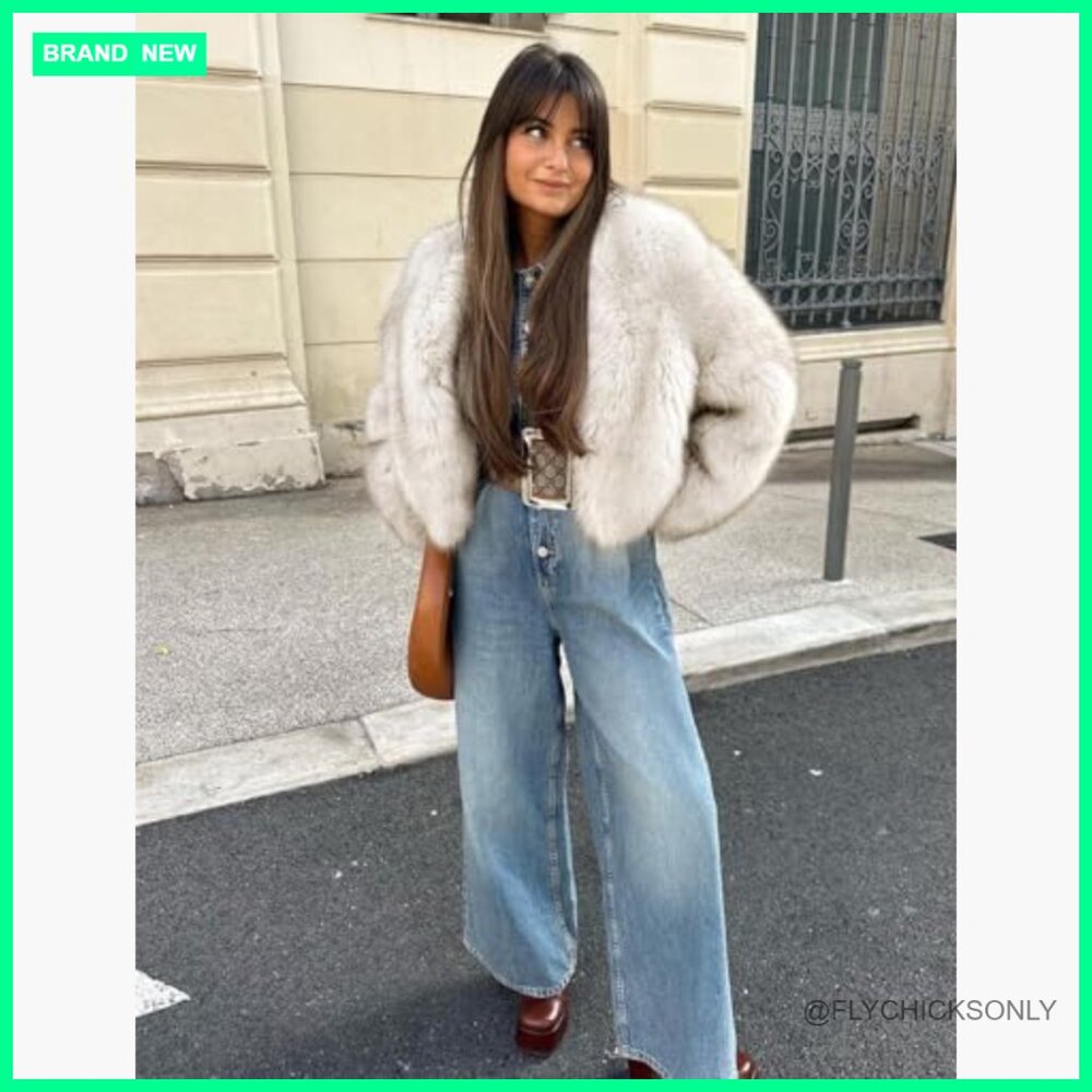 Faux Fur Coat Cropped Jacket Open Front Winter Outerwear - Picture 5 of 6